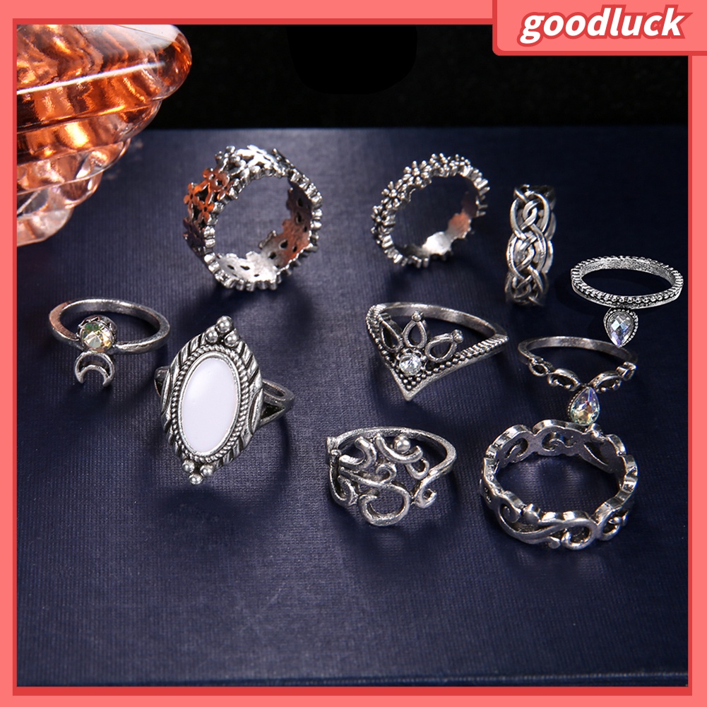 Bộ 10 nhẫn đeo đốt ngón tay đính đá mắt mèo giả thời trang cho nữ