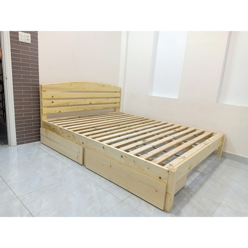 Giường ngủ gỗ Thông có đầu 2 hộc kéo 1m2_1m4_1m6_1m8