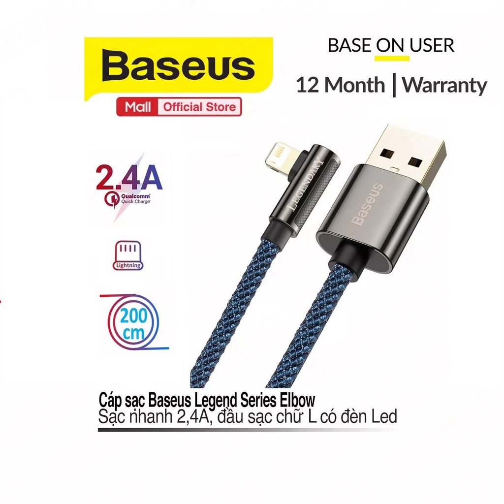 Cáp sạc Baseus Legend Series Elbow Lightning sạc nhanh 2.4A kết hợp đèn Led cho iPhone/iPad ( Xanh )
