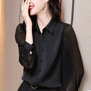  Áo sơ mi voan dài tay Acetate Satin mùa thu màu đen dành cho nữ Áo sơ mi thời trang phong cách mới 