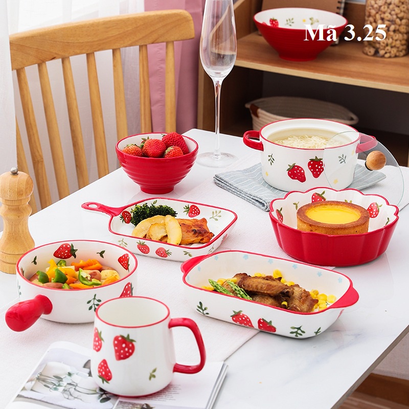 Bát đĩa sứ họa tiết dâu tây đỏ, phụ kiện bàn ăn bằng sứ vẽ tay 3.25