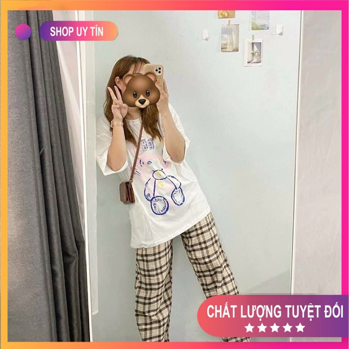 [Mã FADI5K245 giảm 5K đơn 0đ] Set Đồ Nữ 💧Combo Quần Áo💧 ÁO PHÔNG COTTON GẤU BBR MIX QUẦN KẺ CARO DÀI Mã SET04 | BigBuy360 - bigbuy360.vn