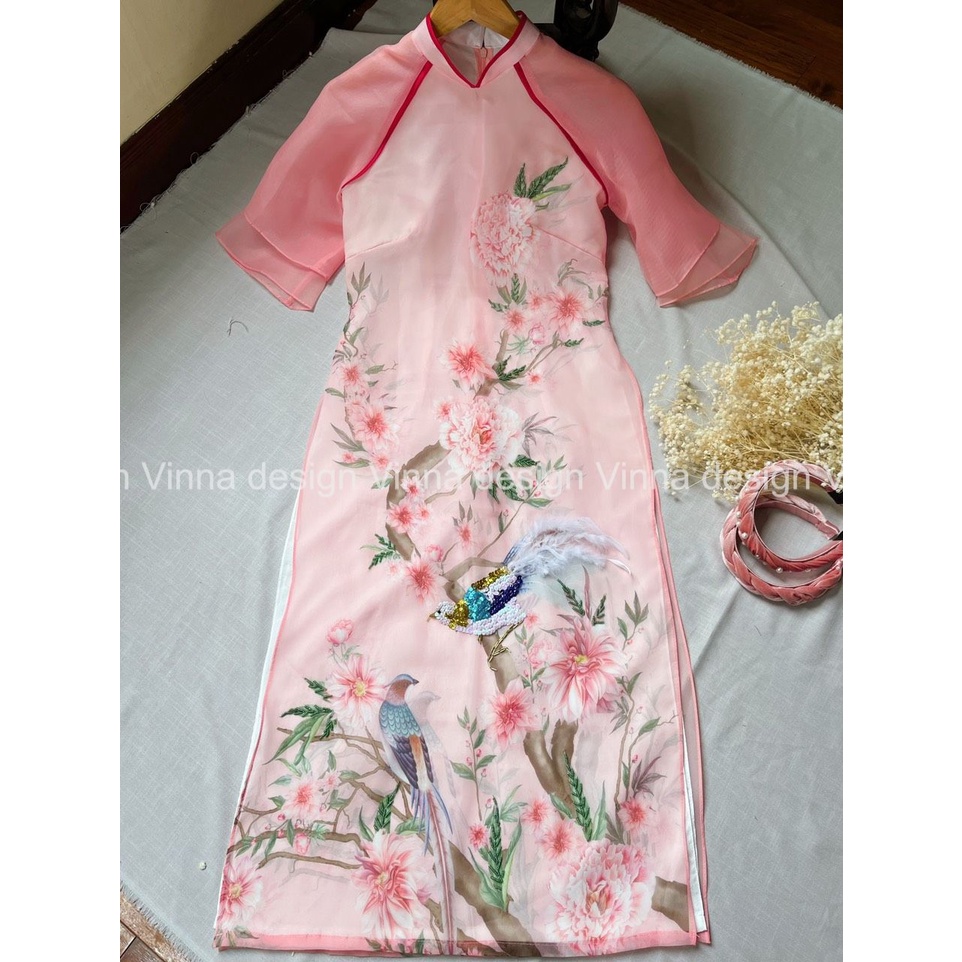 Áo dài cách tân tơ organza 4 tà Hồng Đào Chim Mẫu Đơn kết đính sang trọng thời trang nữ thời trang thiết kế Vinna