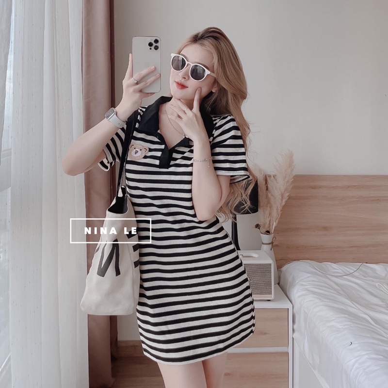(Ảnh và video shop)Váy polo kẻ gấu dễ thương Hàn Quốc