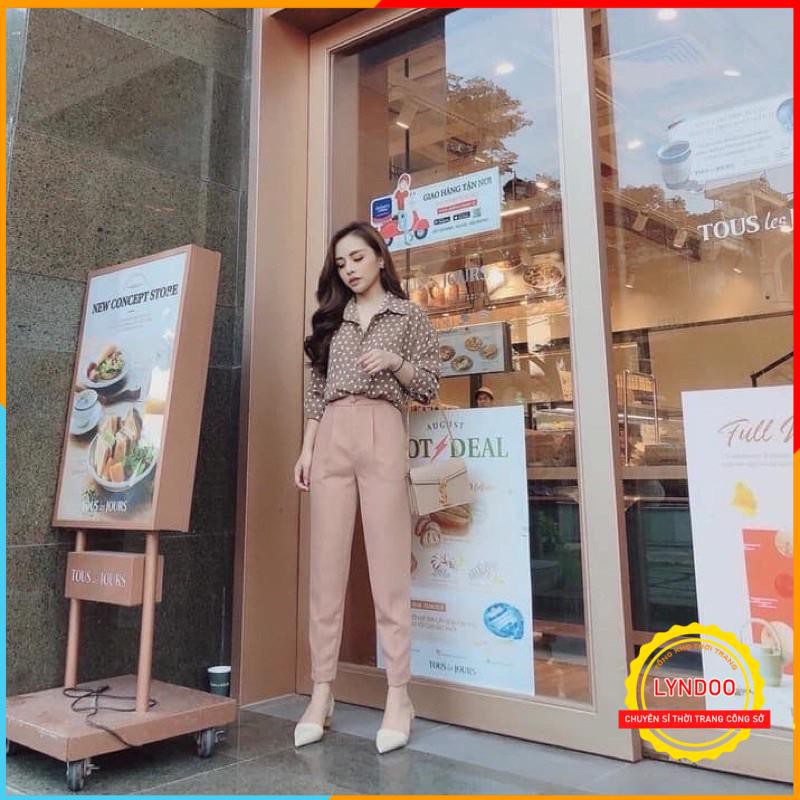 Quần âu nữ cạp cao  𝑭𝑹𝑬𝑬𝑺𝑯𝑰𝑷  Quần tây nữ công sở cúc bọc vải tuyết mưa 4 màu đen, trắng, nâu, ghi cực sang