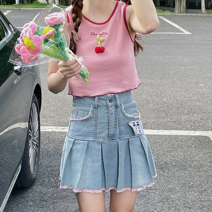 Jiashucheng Waffle Áo Thun Nhỏ Hai Dây Thêu Họa Tiết Cherry Phong Cách Nhật Bản Ngọt Ngào Dành Cho Bạn Nữ Mặc Bên Trong