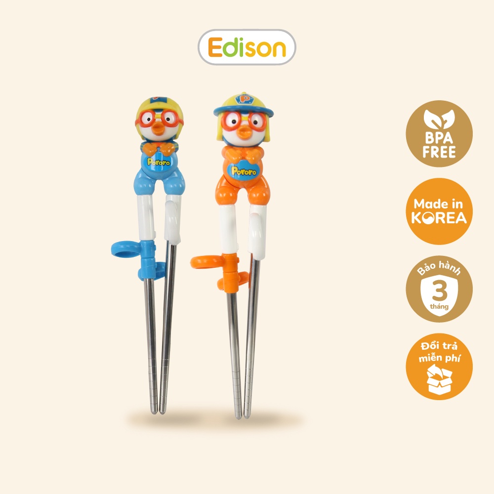 Đũa Inox xỏ ngón Hàn Quốc giúp bé tập gắp thức ăn Edison hình Pororo - Đồ dùng ăn dặm chính hãng 9644