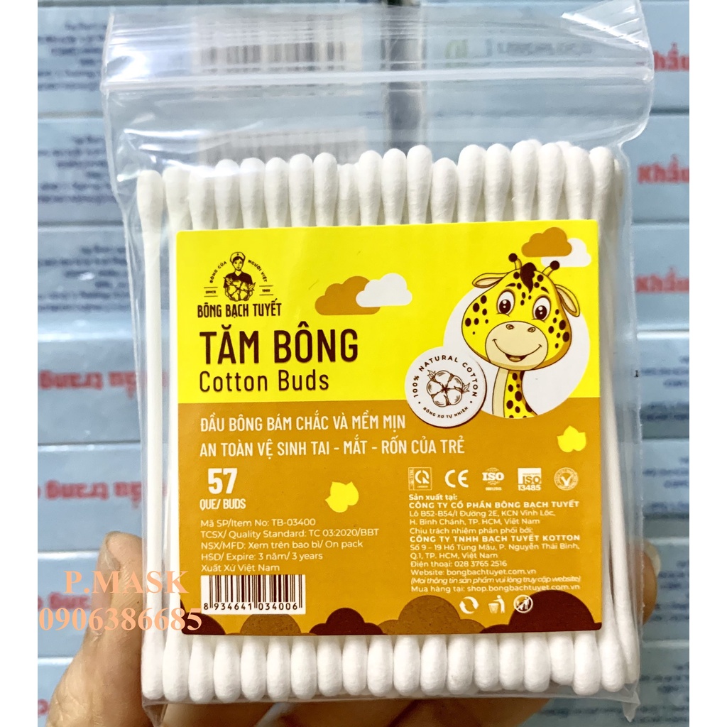 Lốc 10 gói tăm bông Kotton Care For Kid chính hãng Bông Bạch Tuyết ( 57 Que/ gói zíp ) - Tăm bông cho bé đầu tăm nhỏ