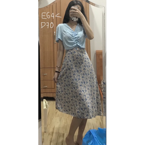 Set áo nhún chân váy midi hoa xanh vintage
