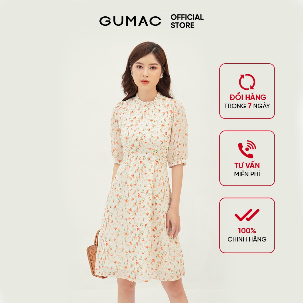 [Mã WABRGU155 giảm 15% tối đa 50k đơn 199k] Đầm xòe nữ tay dài buộc eo nhún cổ GUMAC màu kem, đủ size, phong cách DB3110