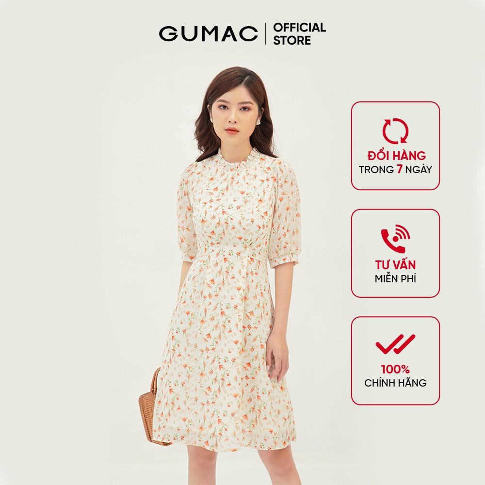 [Mã WABRGU72 giảm 10% tối đa 50k đơn 250k] Đầm xòe nữ tay dài buộc eo nhún cổ GUMAC màu kem, đủ size, phong cách DB3110