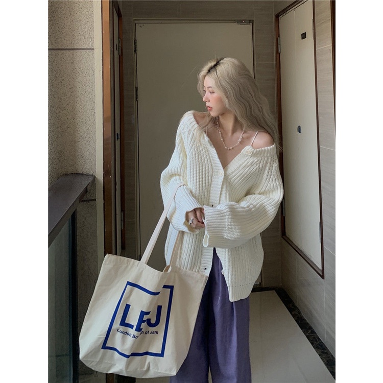 Bán Chạy!F &amp; X 2022 Áo Khoác Cardigan Dệt Kim Màu Trắng Phong Cách Mới Xuân Thu 2022 Phong Cách Lười Retro