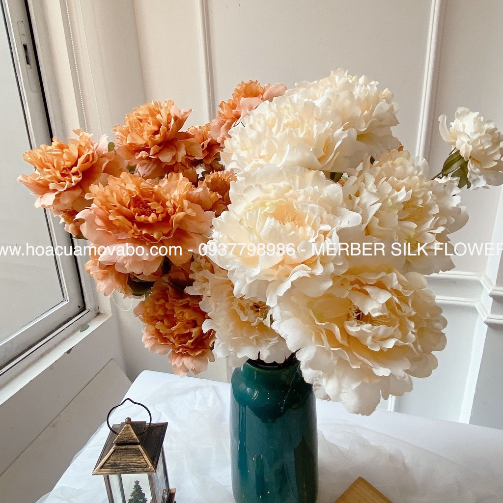 Cành 2 Bông Hoa Mẫu Đơn Peony Hàn Quốc Lụa Cao Cấp Merber (Mơ &amp; Bơ) Nhiều Màu Bông 70cm Có Nụ - Hoa Khô Decor Trang Trí