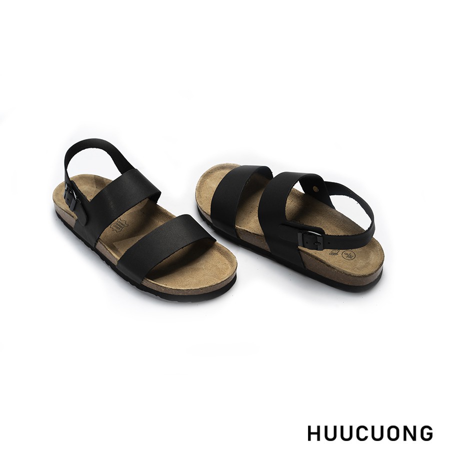 Giày sandal unisex Quai Ngang 2 Quai HUUCUONG Quai Da Thật Màu Đen Đế Trấu