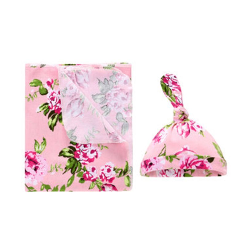 Bộ 2 Chăn Quấn Kèm Nón Cotton In Họa Tiết Đơn Giản Thời Trang Cho Bé Sơ Sinh