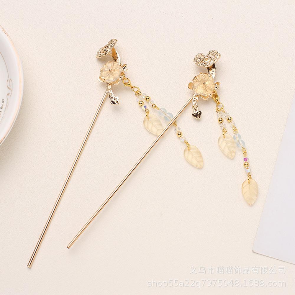 Trâm Cài Tóc Bằng Hợp Kim Hình Hoa Lá Phối Tua Rua Phong Cách Kimono Cổ Điển