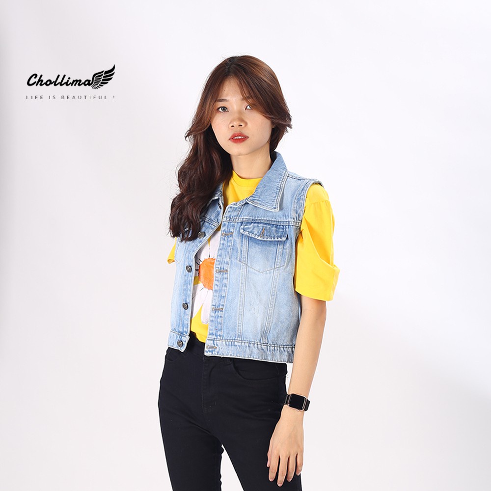Áo khoác gile jean Chollima xanh trắng AK006 ulzzang phong cách hàn quốc - Hàng nhập khẩu