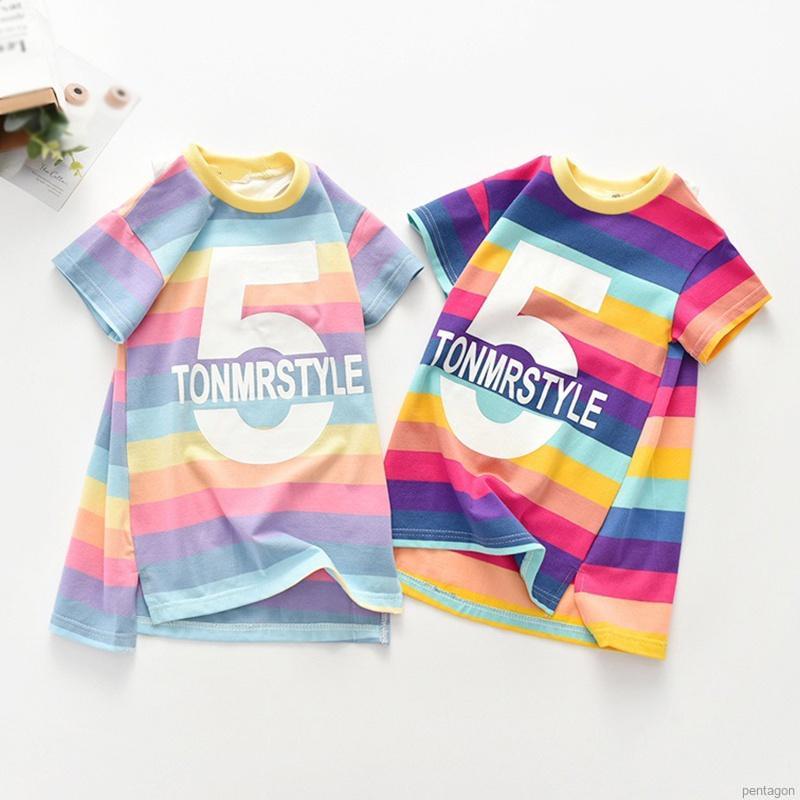 Đầm Thun Ngắn Tay Sọc Ngang Màu Cầu Vồng Cho Bé Gái