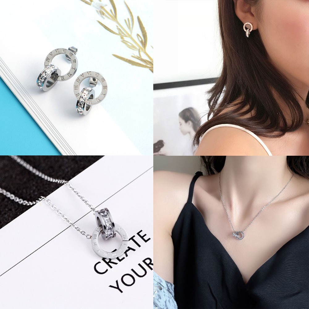 Set dây chuyền và bông tai nữ Titan không gỉ nhiều mẫu màu trắng bạc - Măng's House Set3