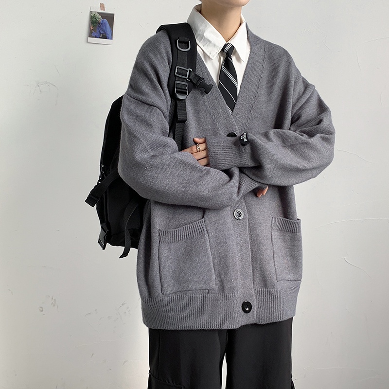 Áo len cardigan nam cổ V trơn màu túi trước, áo khoác len nam cardigan form rộng Hàn Quốc dáng ulzzang oversize 3311