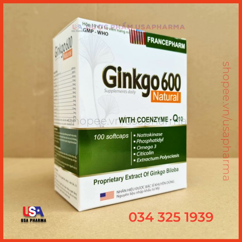 Viên bổ não Ginkgo 600 tăng cường trí nhớ, tuần hoàn máu não, giảm hội chứng tiền đình, trí nhớ suy giảm - Hộp 100 viên