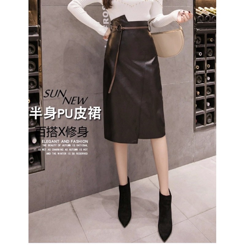 chân váy da kèm đai