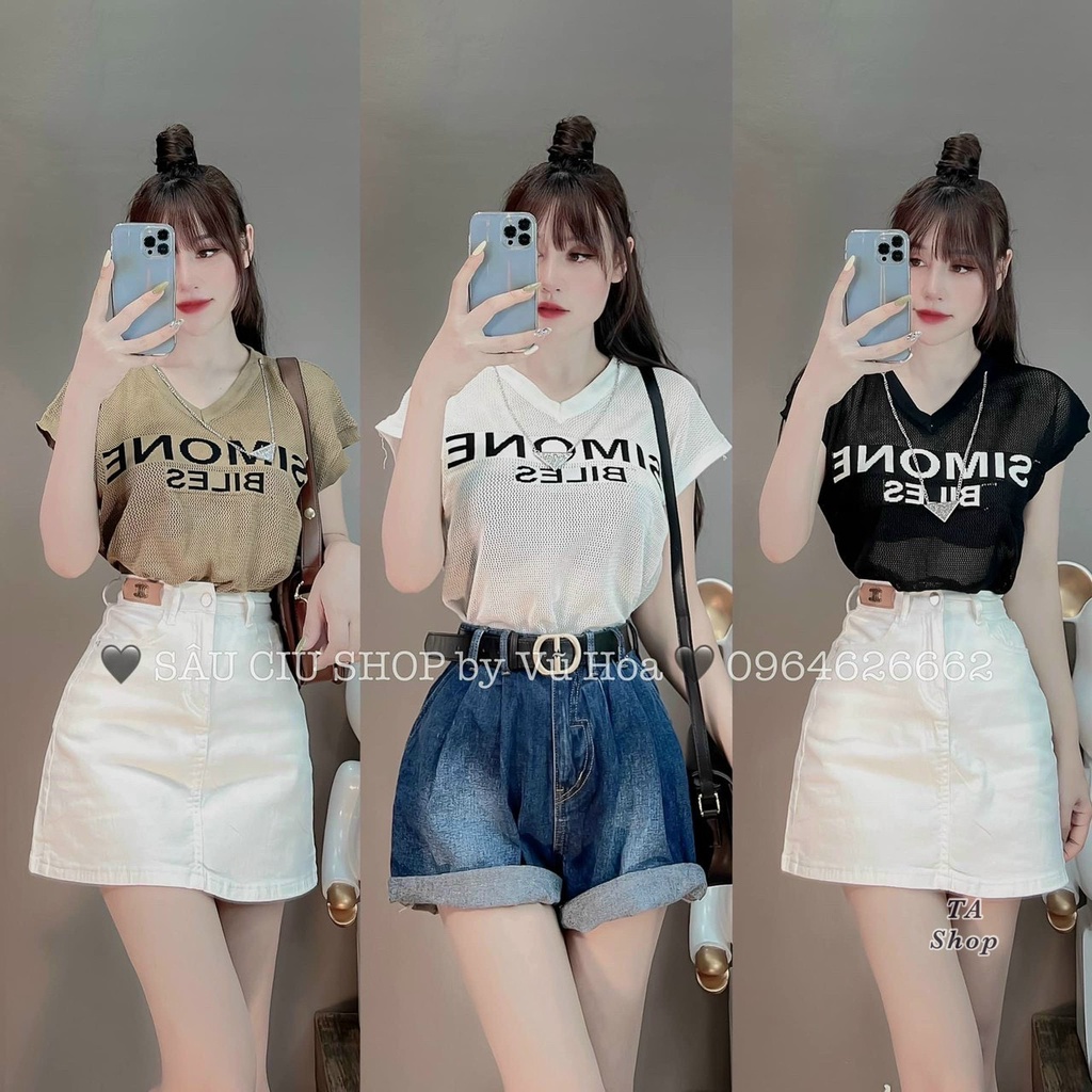 Áo len lưới Simone cổ tim tay hến kèm dây xích hot