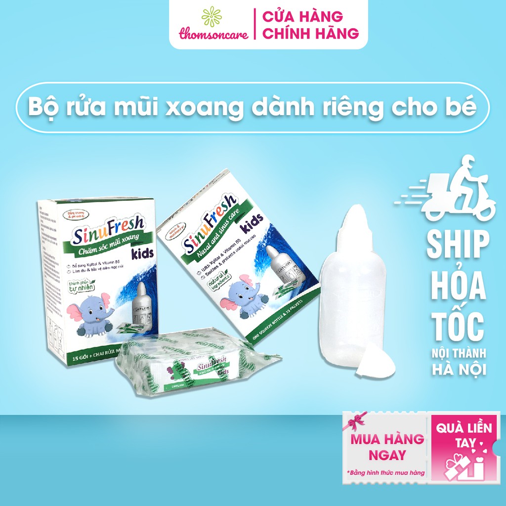 Bình rửa mũi cho trẻ Sinufresh Kids chai 180ml tặng kèm 15 gói muối nano rửa xoang, bình có van điều chỉnh