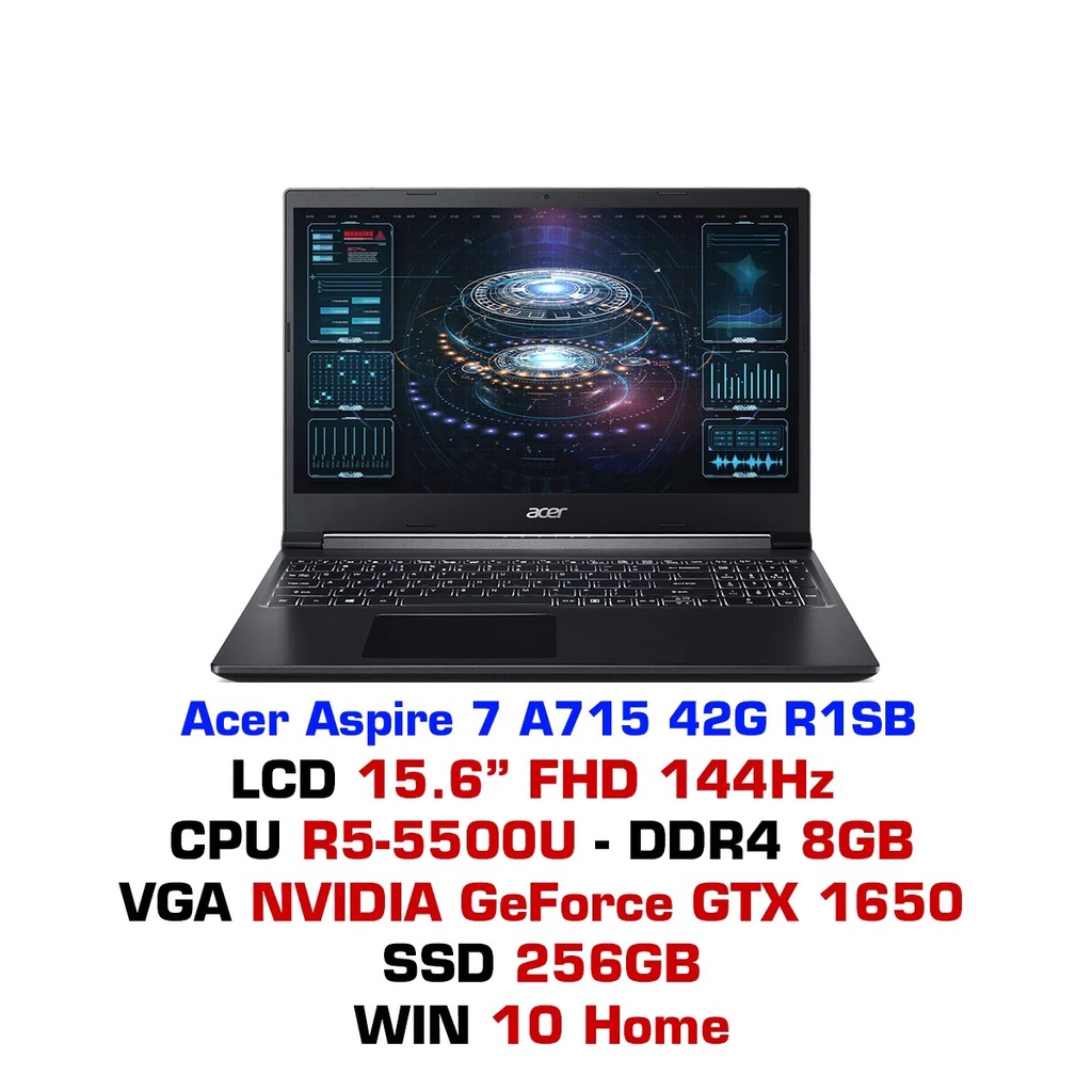 Laptop gaming Acer Aspire 7 A715-42G-R4ST (R5-5500U/RAM 8GB/ SSD 256GB/15.6inch FHD IPS/AX/Win/GTX 1650 4G/2kg Đen)