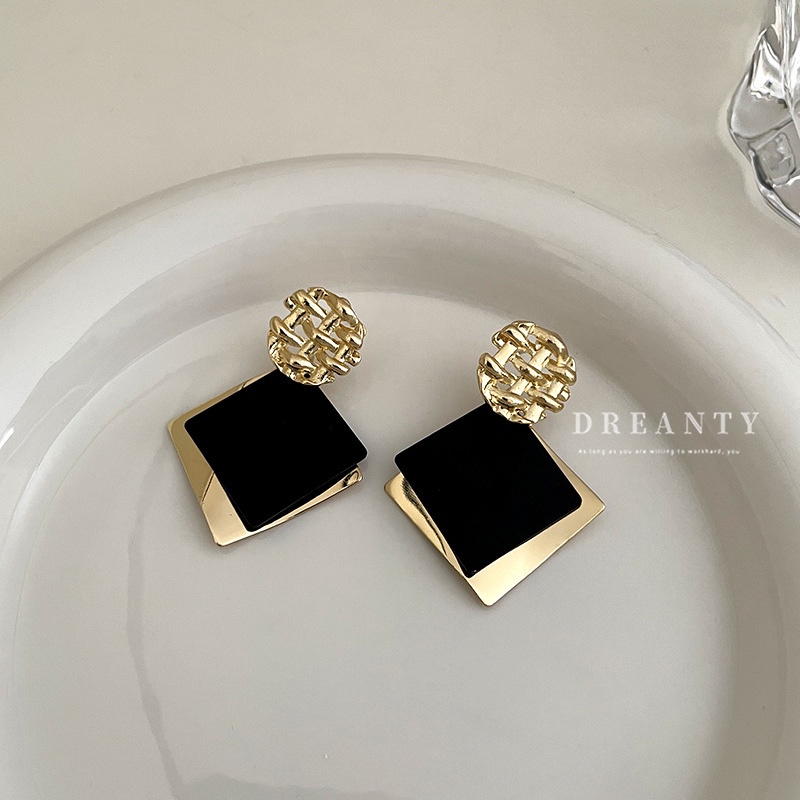 Bông Tai Mạ Bạc 925 Hình Vuông Đính Kim Sa Độc Đáo Phong Cách Retro