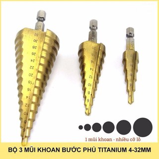 Bộ 3 Mũi Khoan Tháp Chuôi Lục Giác Thép Gió HSS Mạ Titan 4-32mm Khoan Nhôm, Nhựa, Gỗ