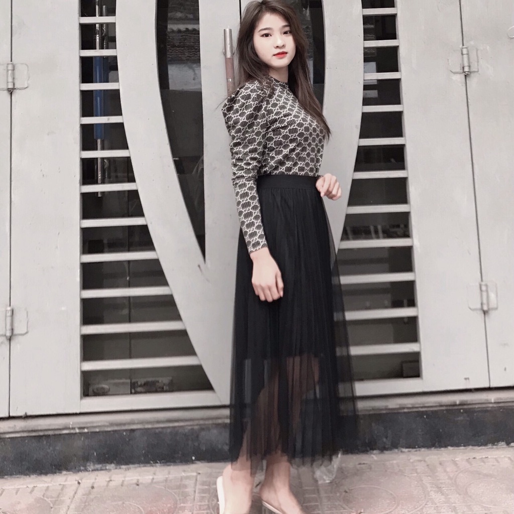 Chân Váy Xếp Ly Dài Mặc Được 2 Mặt (1 Mặt Vải 1 Mặt Ren Lưới) Dáng Xòe Tiểu Thư 2 Lớp