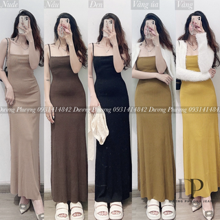 Đầm hai dây suông dài, đầm body nữ dài chất len tăm co giãn - DA001