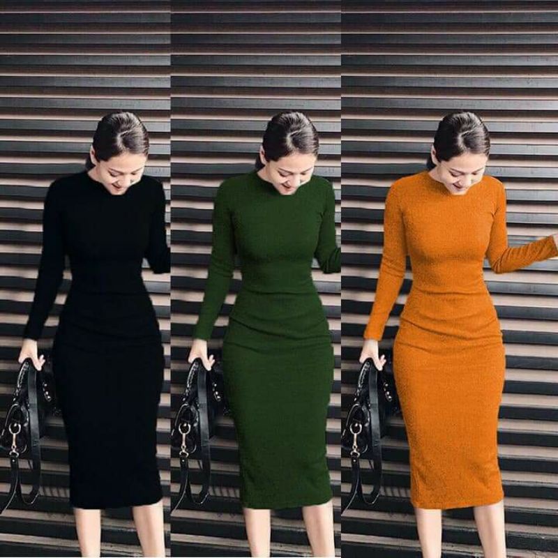 Váy Thu Đông Ôm Body Len Tăm Dài Tay Co Dãn Hàng Loại 1 Chất Len Co Giãn Mềm Mại