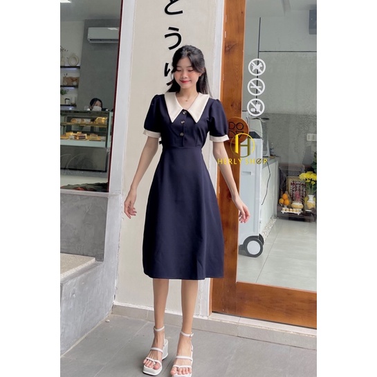 ĐẦM MIDI ĐÍNH NÚT PHỐI CỔ BẺ