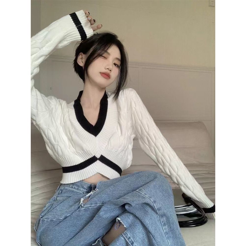 Áo Sweater Dệt Kim Tay Dài Màu Sắc Tương Phản Eo Cao Thời Trang Mùa Thu Cho Nữ