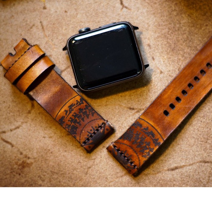 Dây apple watch da bò vegtan Italia RAM Leather màu nâu sáng khắc Trống Đồng Việt Nam