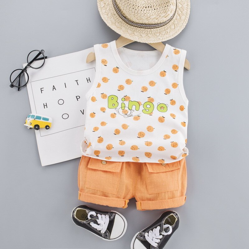 Kids Printing Sleeveless T-Shirts & Solid Shorts New Summer Clothing Set Baby Boys Girls Casual Outfit