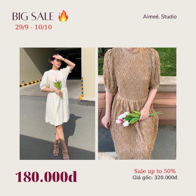 Đầm babydoll tay lỡ vải nhún aimee.studio