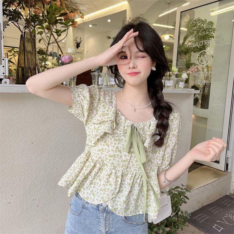 Áo kiểu COZOKC tay phồng cổ vuông thắt dây in họa tiết hoa thời trang