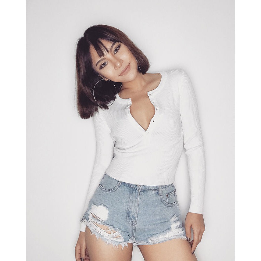 Áo croptop cài nút cúc ngực chất thun gân dài tay body - by Sugargalz