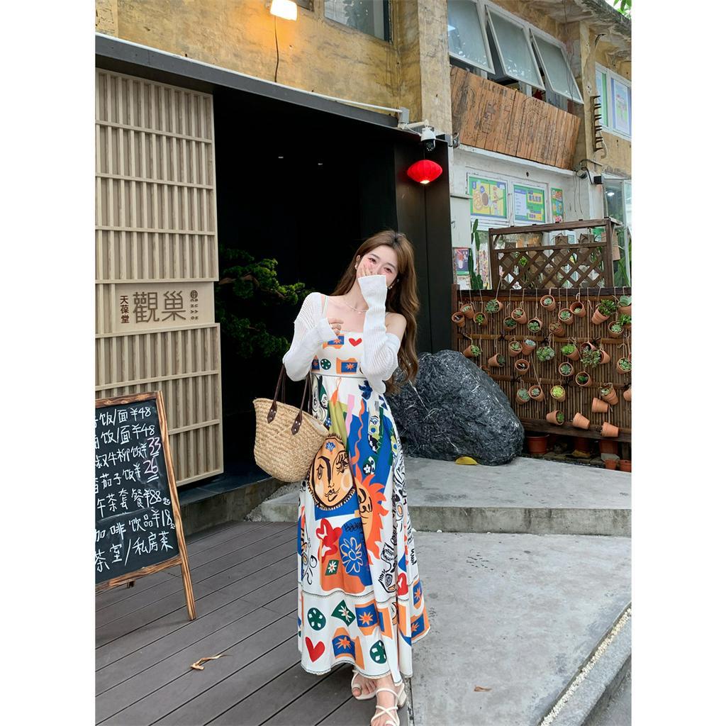 Váy 2 dây đi biển du lịch dự tiệc dáng dài cho nữ đầm maxi họa tiết vintage cổ điển thời trang mùa hè 9721 DK3T3