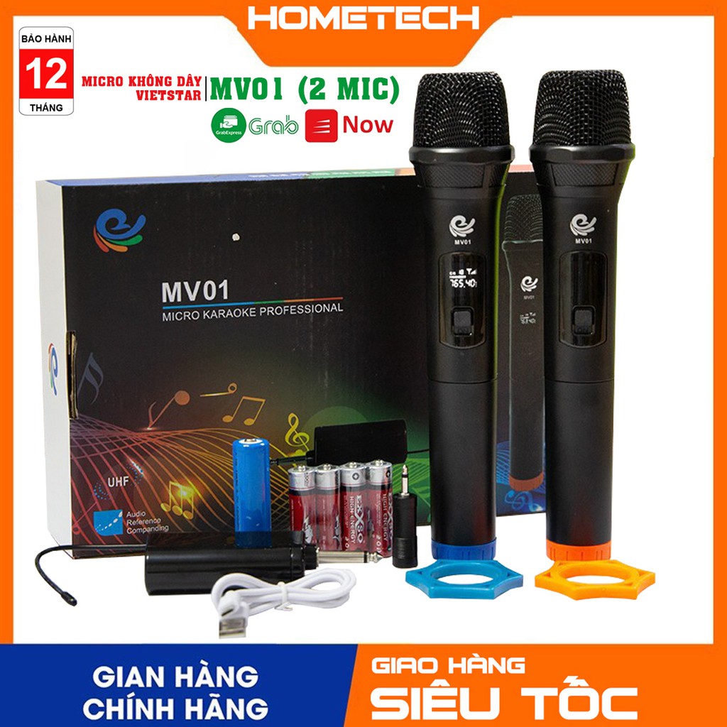 Micro không dây karaoke MV01 (2 mic) chuyên dụng cho loa kéo, amply, vang...Giá rẻ, hát nhẹ, hút mic tốt