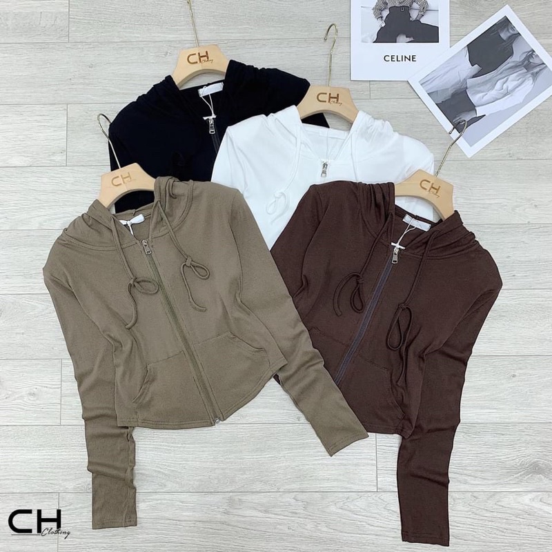 Áo khoác len tăm rút dây túi trước kéo khoá có mũ