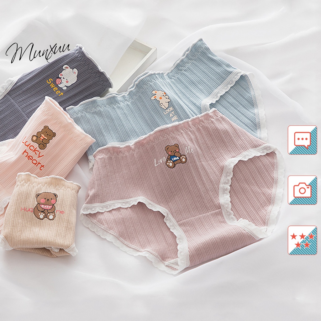 Quần lót Cotton hình gấu dễ thương Munxuu, gân tăm co dãn 4 chiều phối ren trẻ trung - QC90