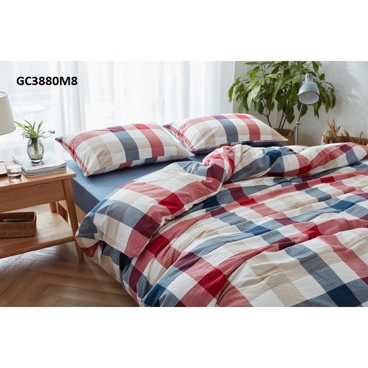 GC3880-Bộ chăn ga gối in kẻ caro chất cotton cao cấp phong cách Nhật