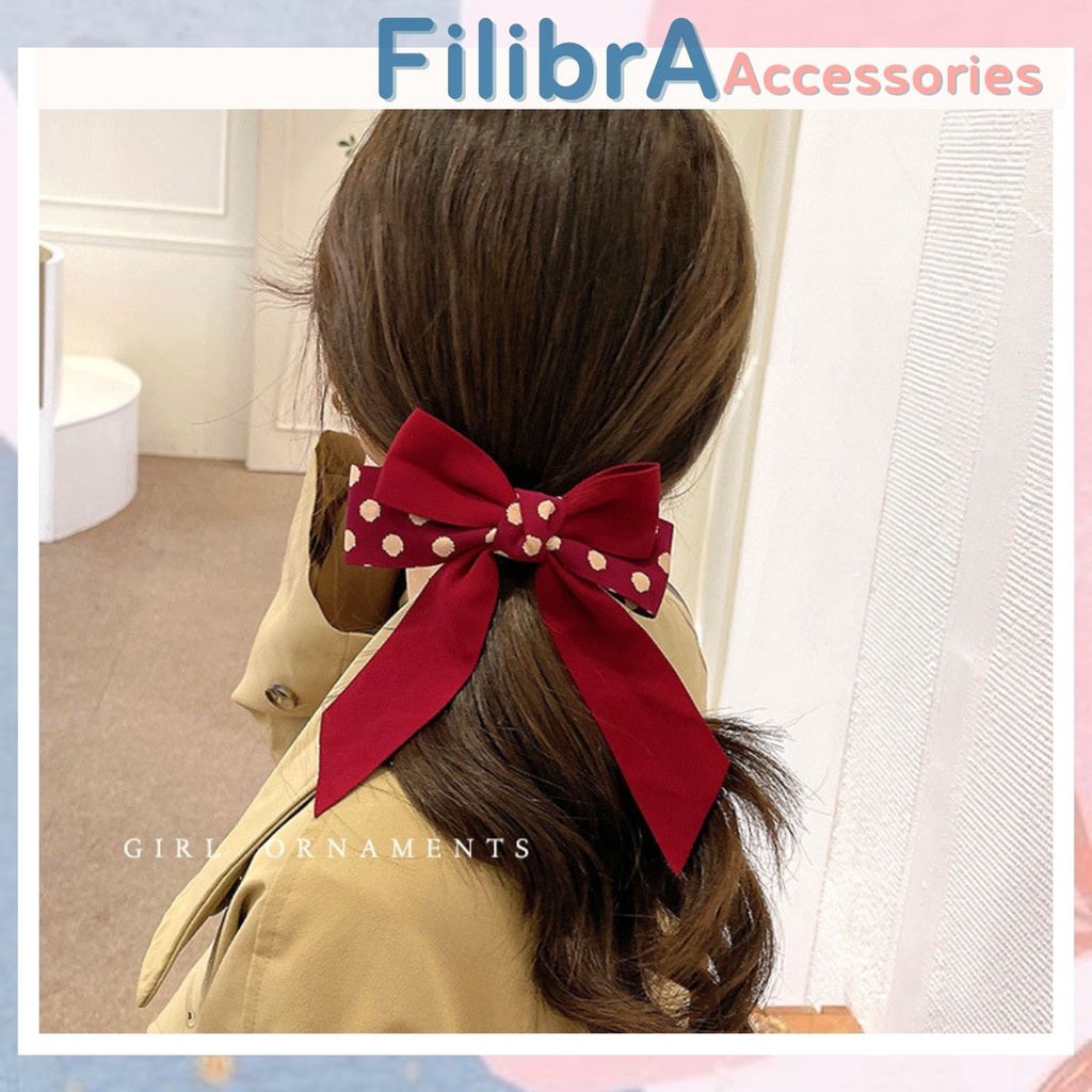 Kẹp buộc nơ đỏ chấm bi dịp Noel - Tết, cặp tóc nữ đẹp thời trang Filibra phụ kiện tóc CT037