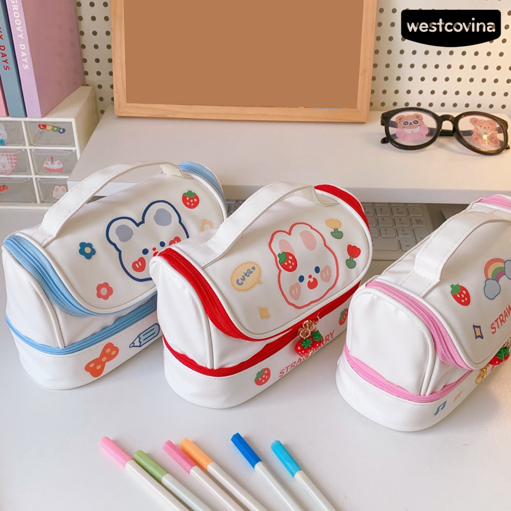 [Hot]✍Hộp Đựng Bút Hai Lớp Chống Bụi In Hình Thỏ Hoạt Hình Dễ Thương