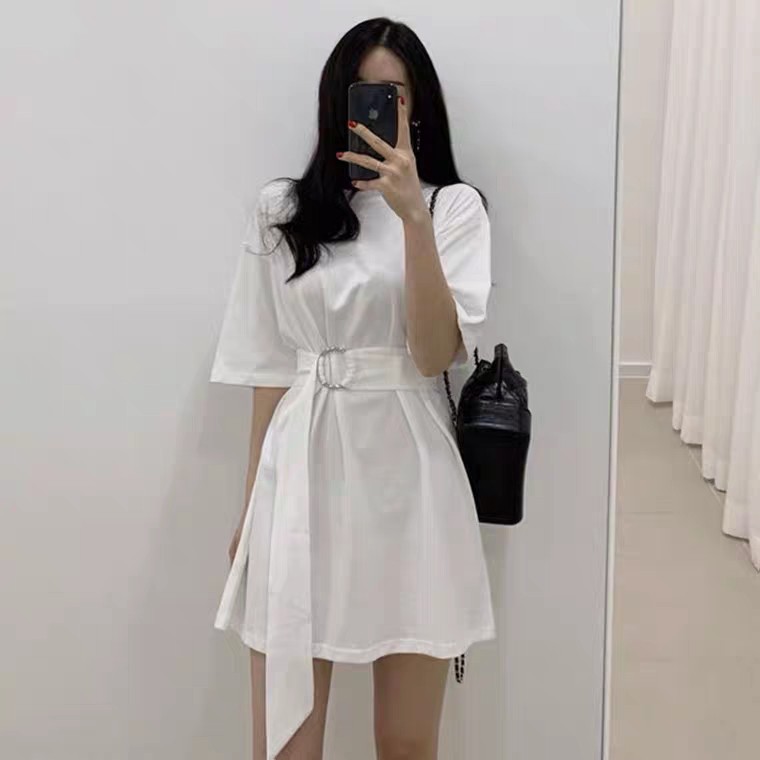 (TẶNG THẮT LƯNG) VÁY XUÔNG TRƠN uzzalang kèm đai MẶC 2 KIỂU - VÁY THUN TAY LỠ BUỘC EO ĐEN TRẮNG