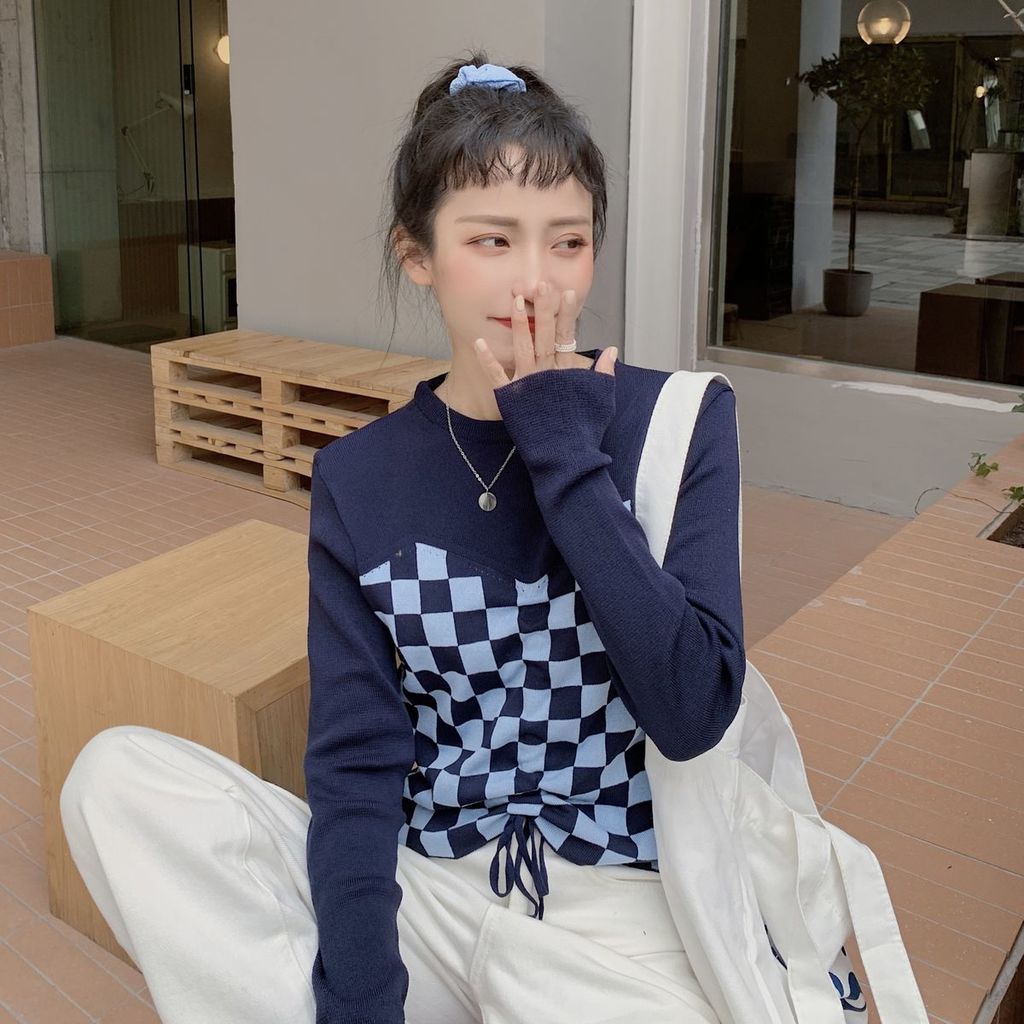 Áo thun tay dài giả hai lớp phối dây rút trước ngực họa tiết caro thời trang cho nữ